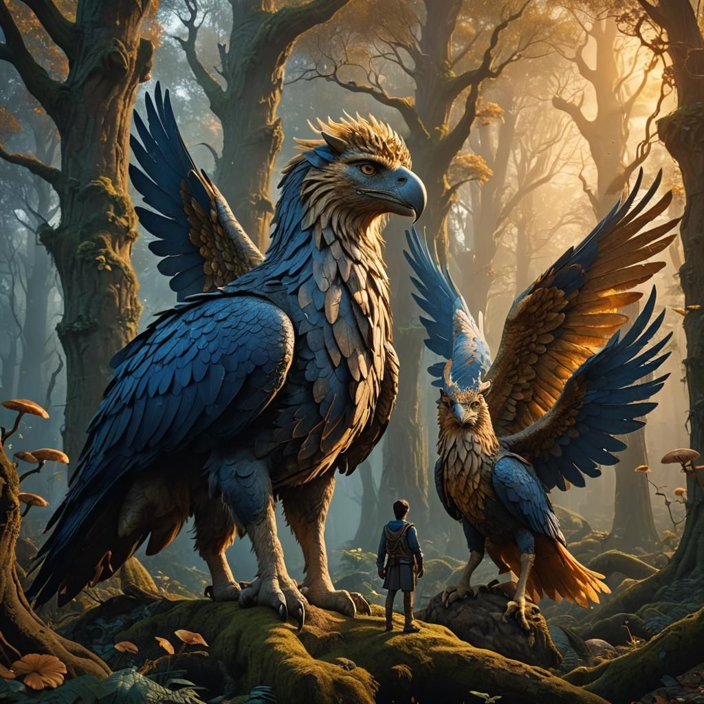 Griffin and Owner in Mystical Forest, Matte Painting