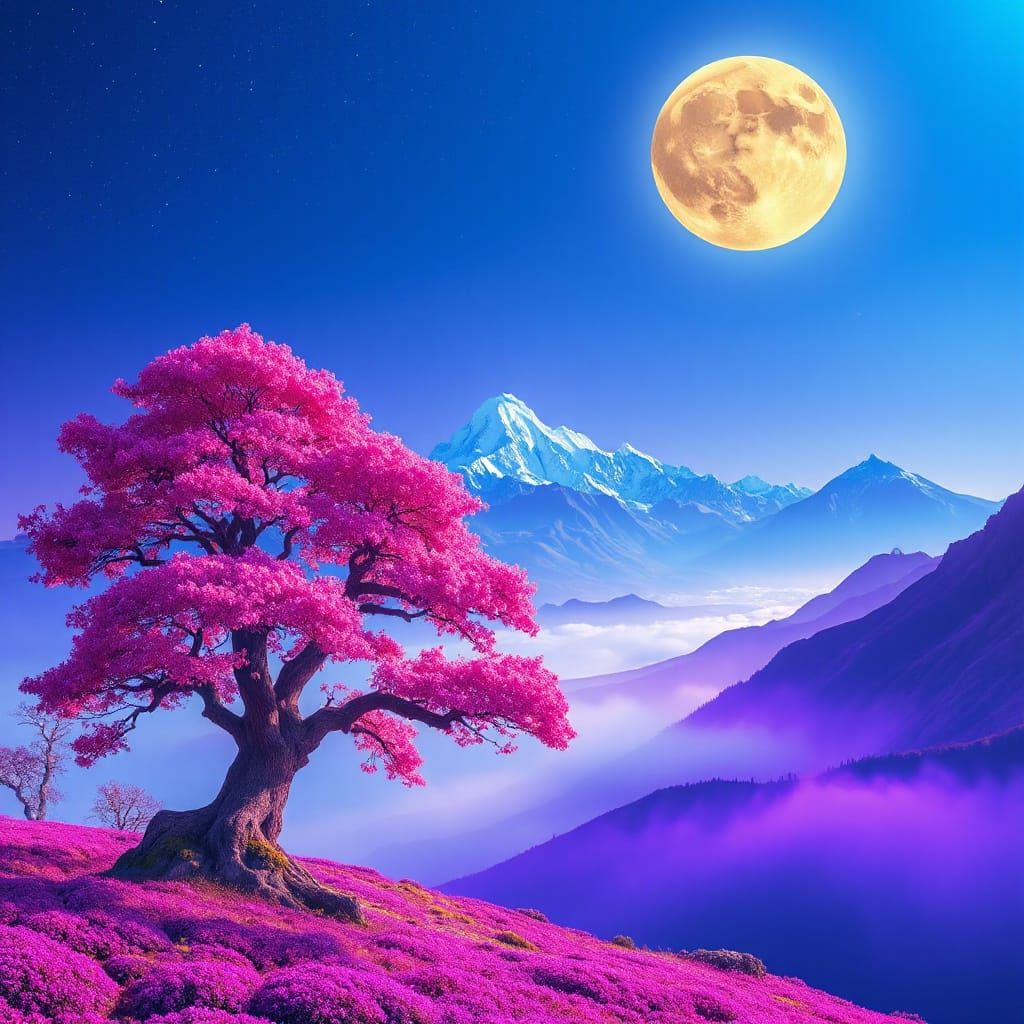 Surreal Landscape with Magenta Tree in Murakami Style
