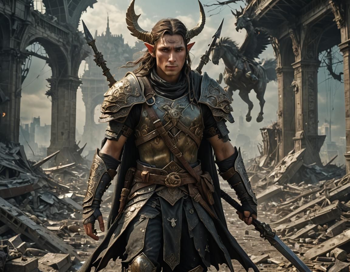 Elf Warrior on Pegasus in Apocalyptic World