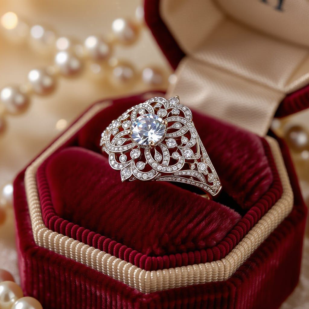Ornate Bejeweled Ring on Velvet Pillow in Fabergé Style