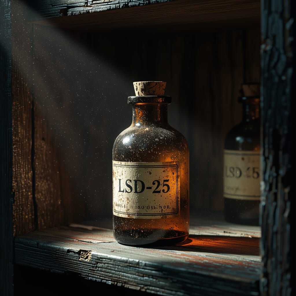 Dusty LSD-25 Bottle in Forgotten Lab, Dramatic Lighting