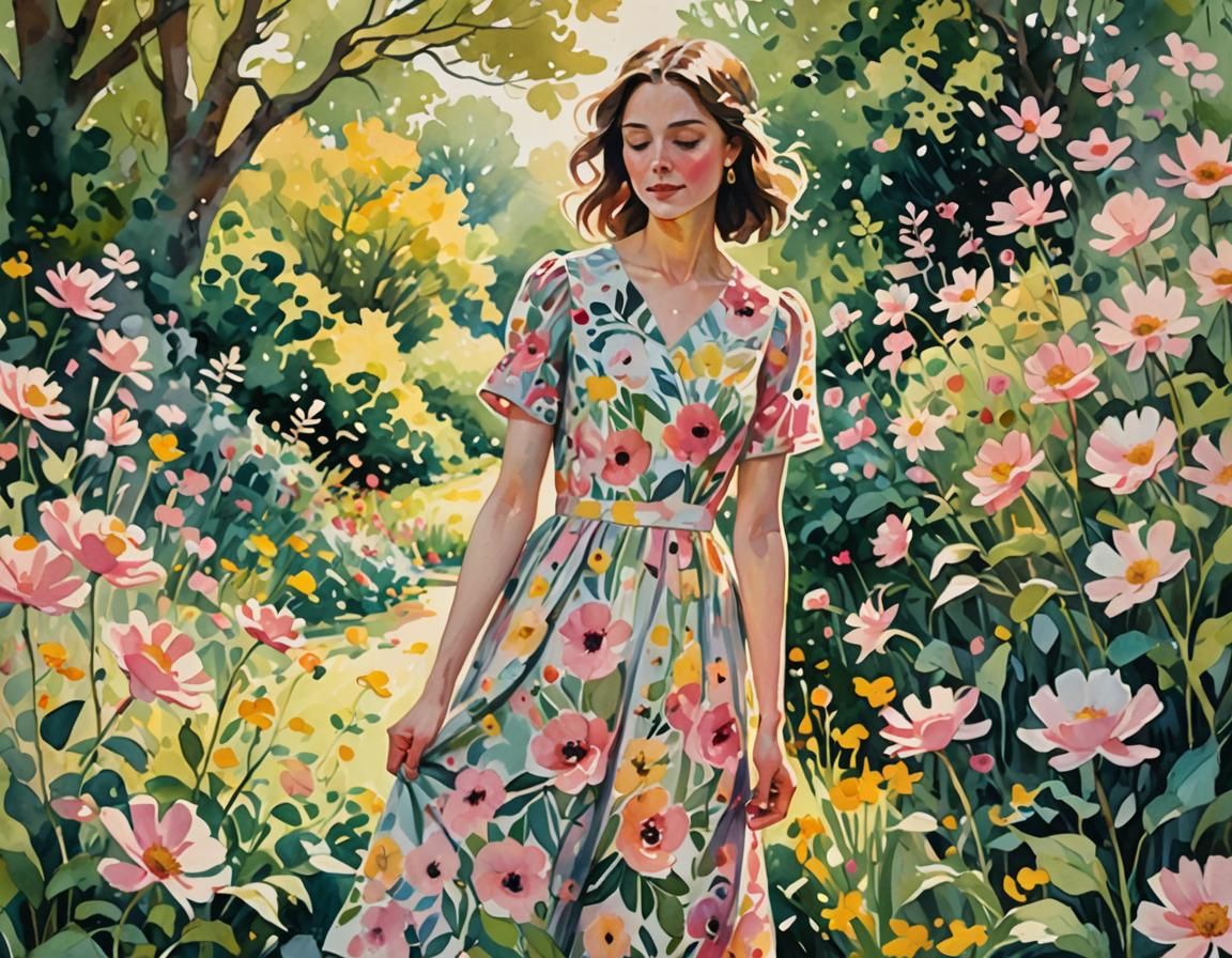Woman in Floral Dress in Whimsical Gouache Garden