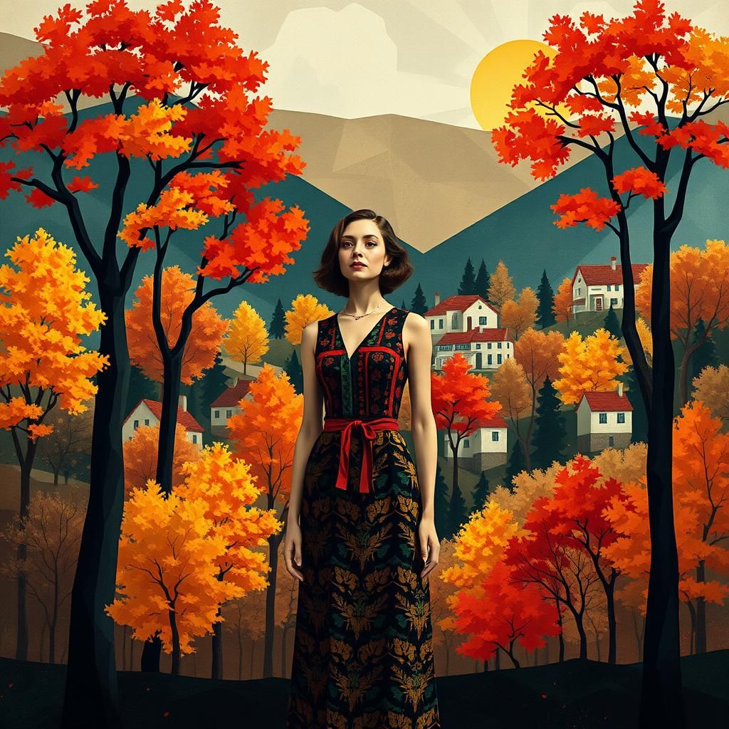Pixelated Autumn Landscape with Geometric Fauvism Elements