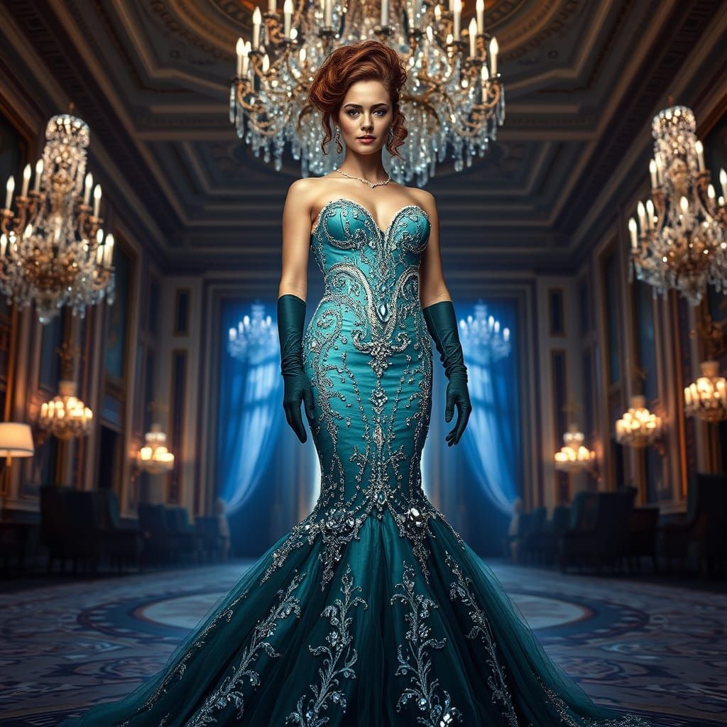 Emerald Crystal Gown in Grand Ballroom, Hyperrealistic Digit...