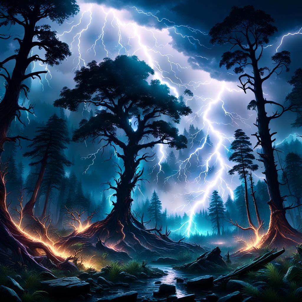 Electrifying Lightning Storm Illuminates Darkened Forest