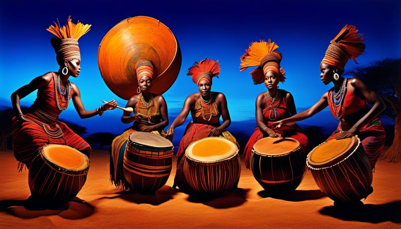 African Women Drum Circle in Surreal Style