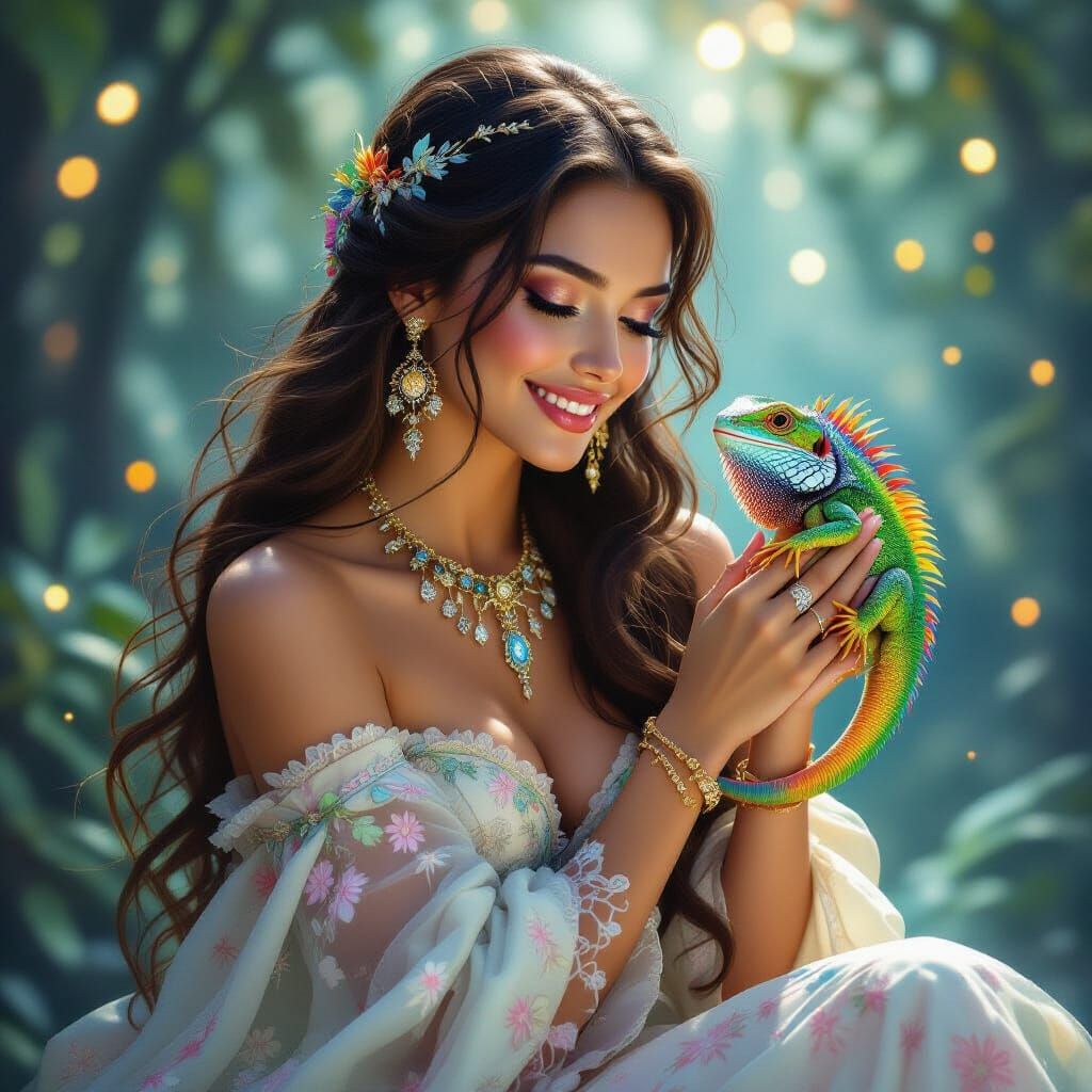 Ethereal Woman with Lizard in Fantasy Matte Painting Style
