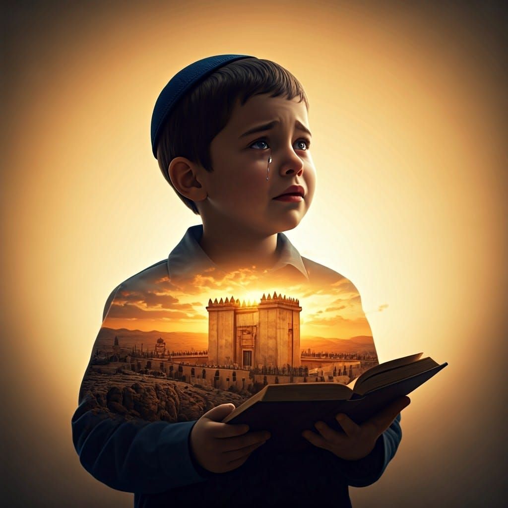 Haredi Boy Amidst Vibrant Temple Landscape in Cinematic Styl...