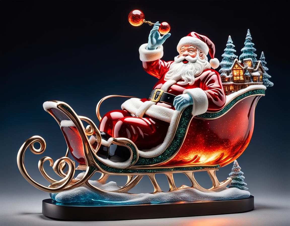 Glass Sculpture of Santa's Sleigh at Night