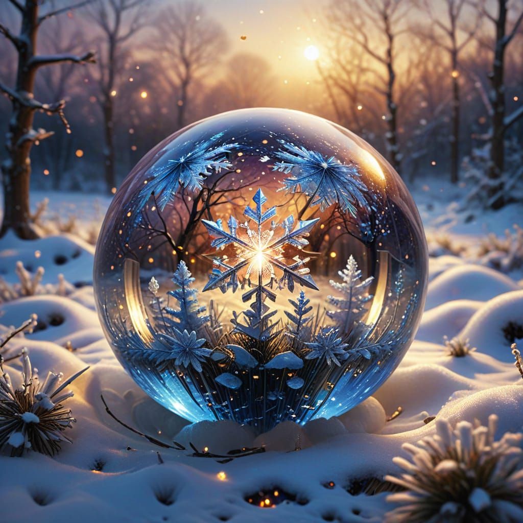 "A faceted orb stands in a snowy field, surrounded by giant ...