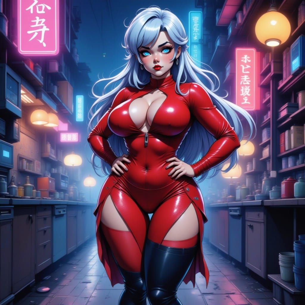 Anime Woman in Red Bodysuit with Silver Hair