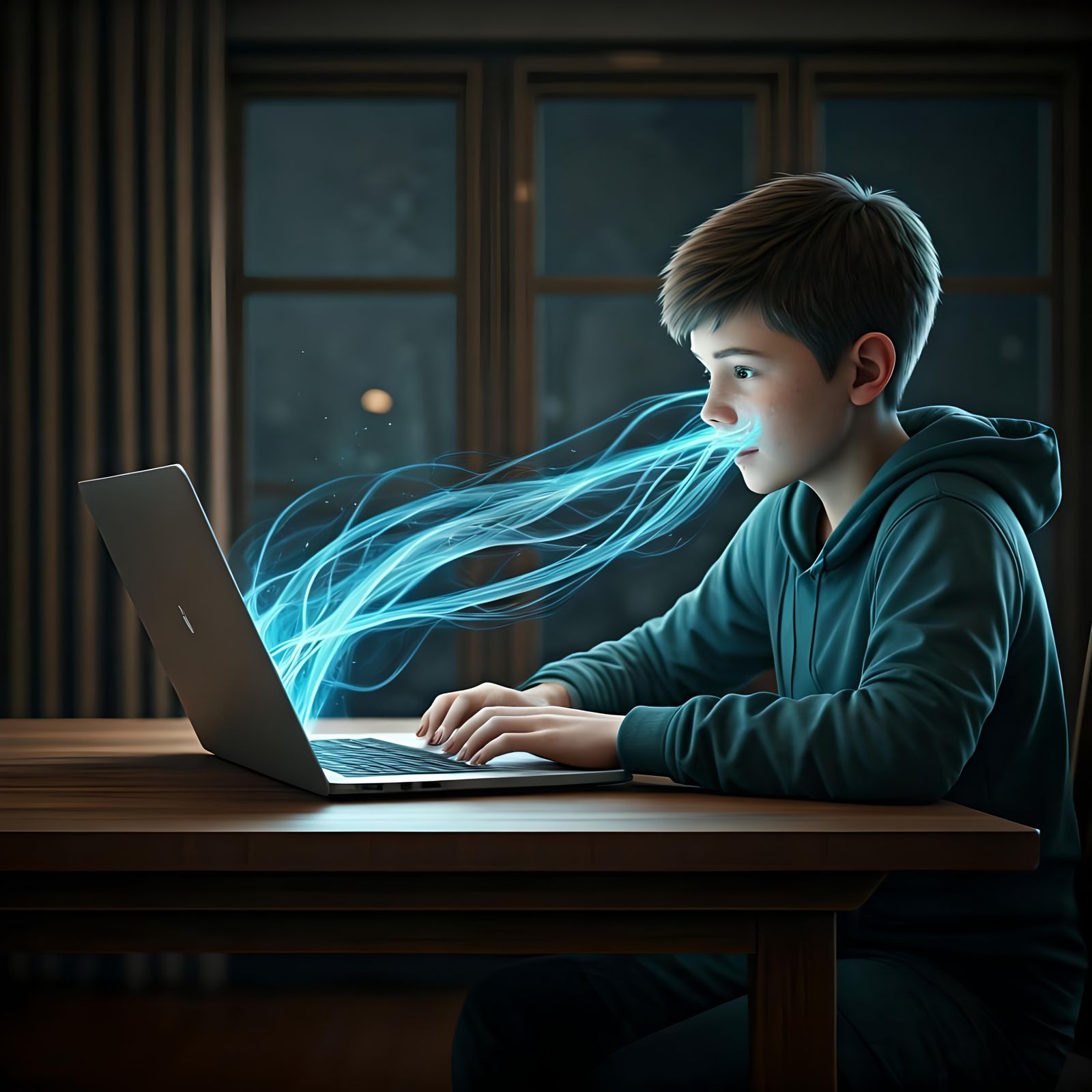 Teenager Immersed in Laptop: 3D Rendered Addiction