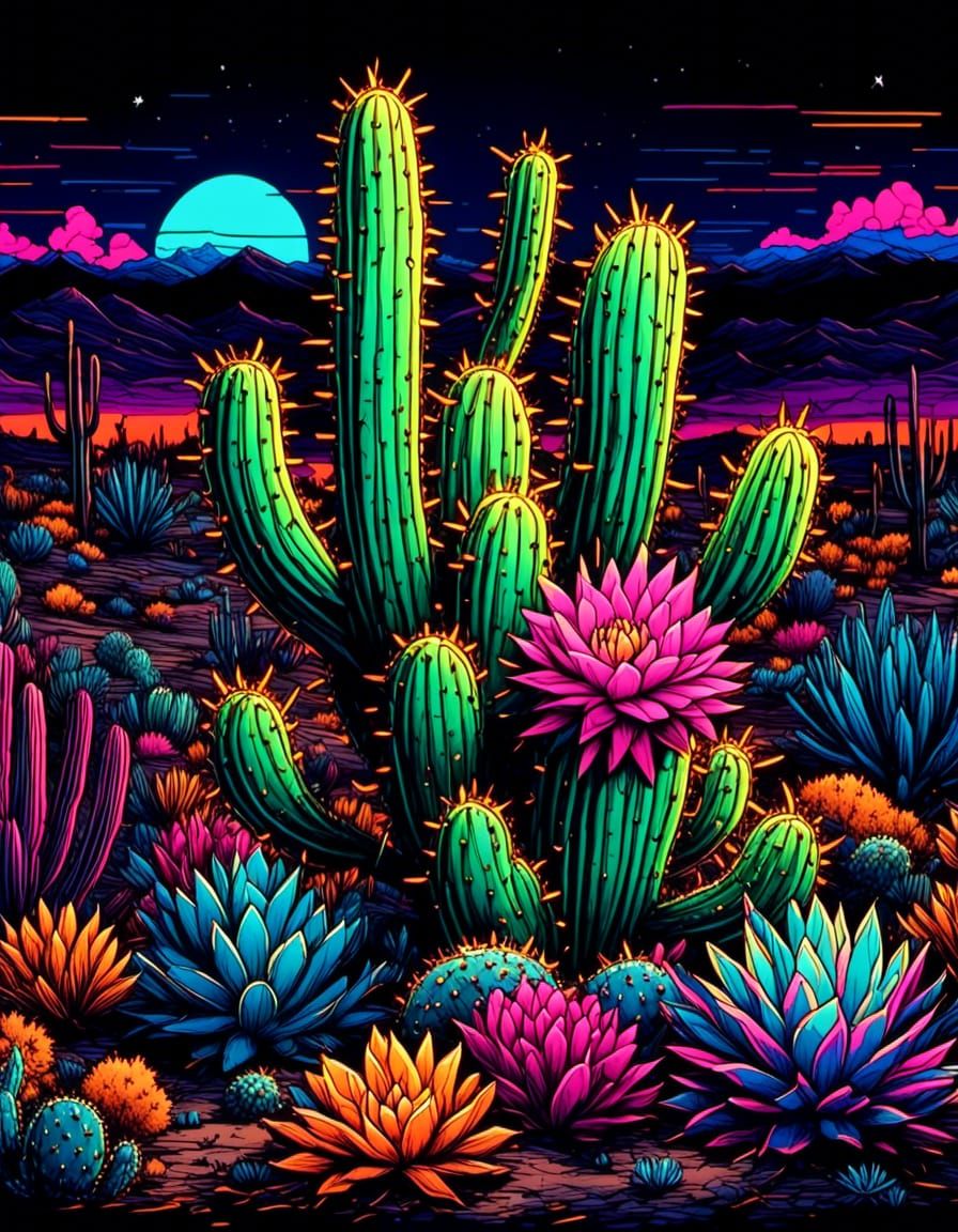 Neon Plant Bursts Through Desert Night