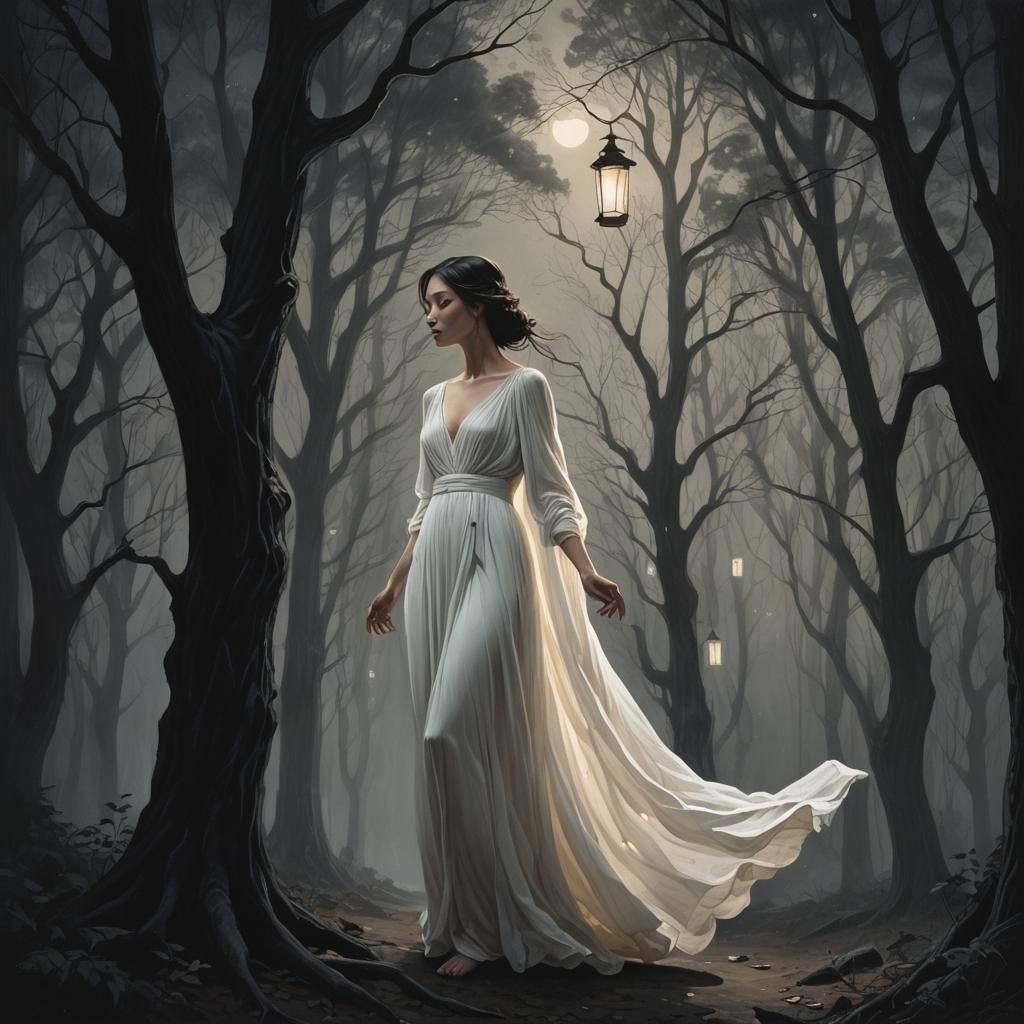 Ethereal Woman in Ominous Forest at Night