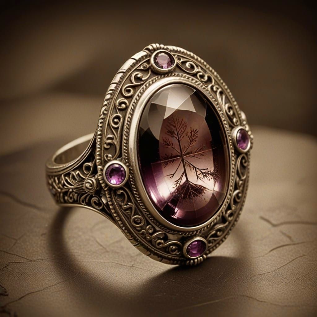 Silver Garnet and Amethyst Ring on Hand as Sun-Impression