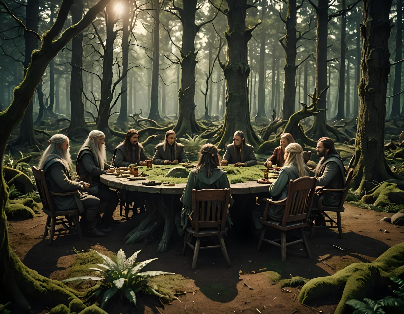 Elven Council at Round Table in Mystical Forest