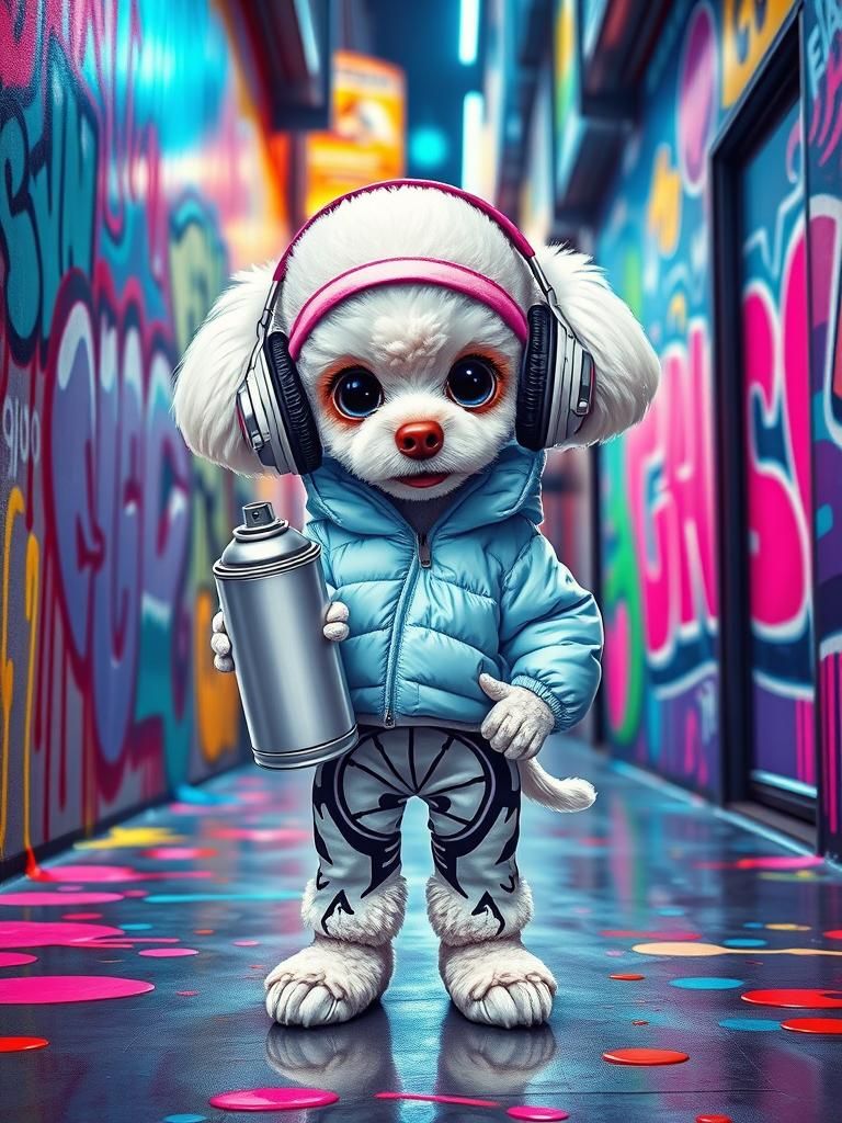 Poodle Puppy Graffiti Artist in Neon City Alley