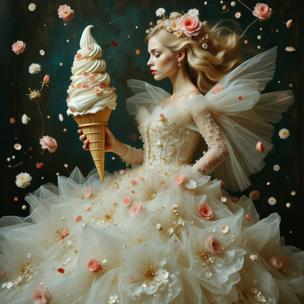 Ethereal Woman in Baroque Gown with Flowers