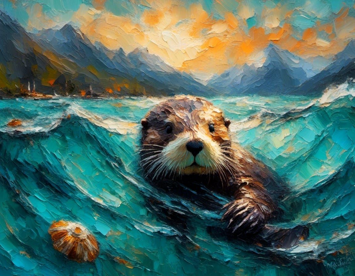 Sea Otter in Turquoise Ocean as Impasto Oil Painting