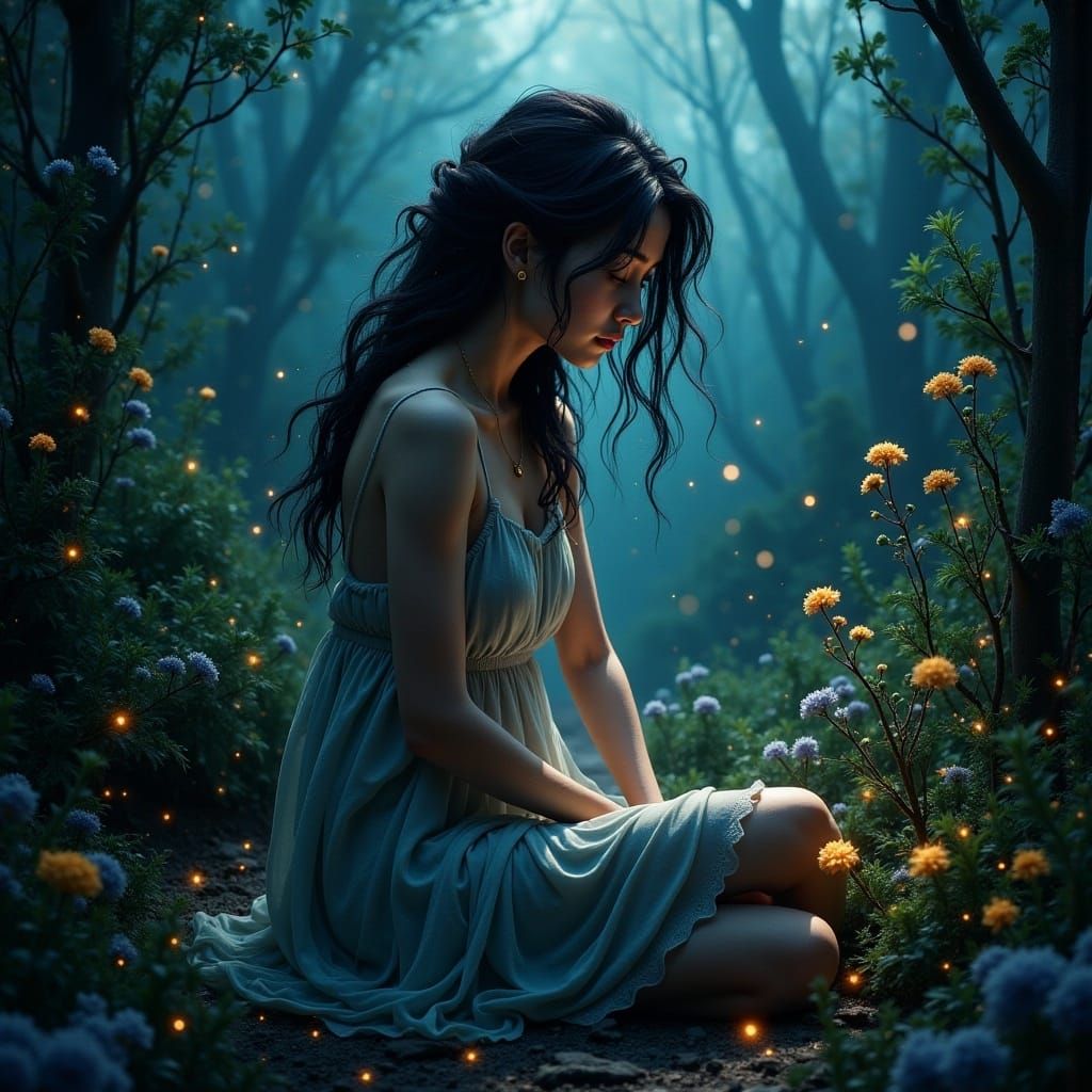 Contemplative Woman in Moonlit Garden: Dreamy Illustration