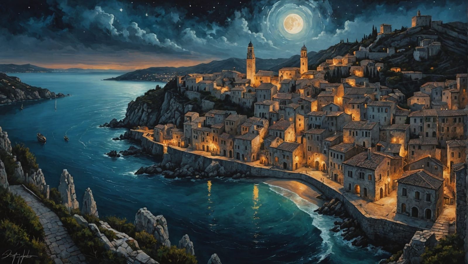 Dragon Over Mediterranean Town: Acrylic Painting