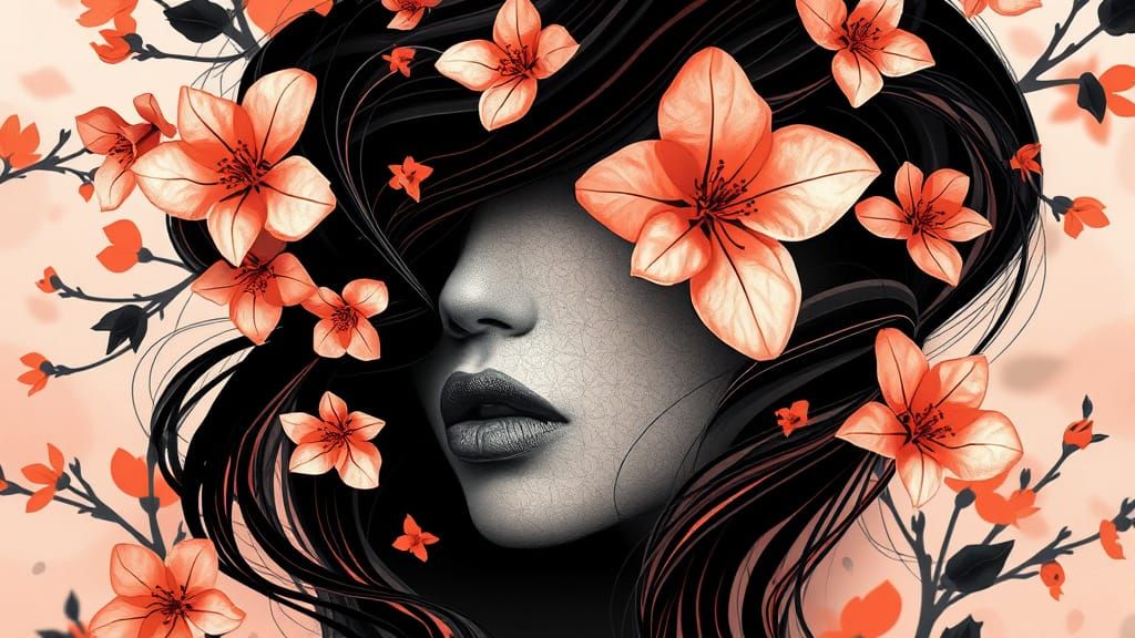 Abstract Floral Woman in Black and Orange
