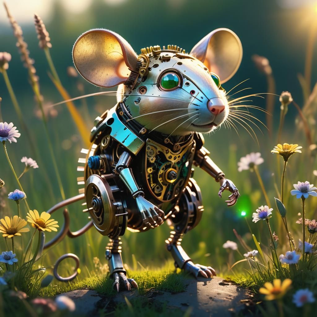 Steampunk Mechanized Mouse in Lush Meadow