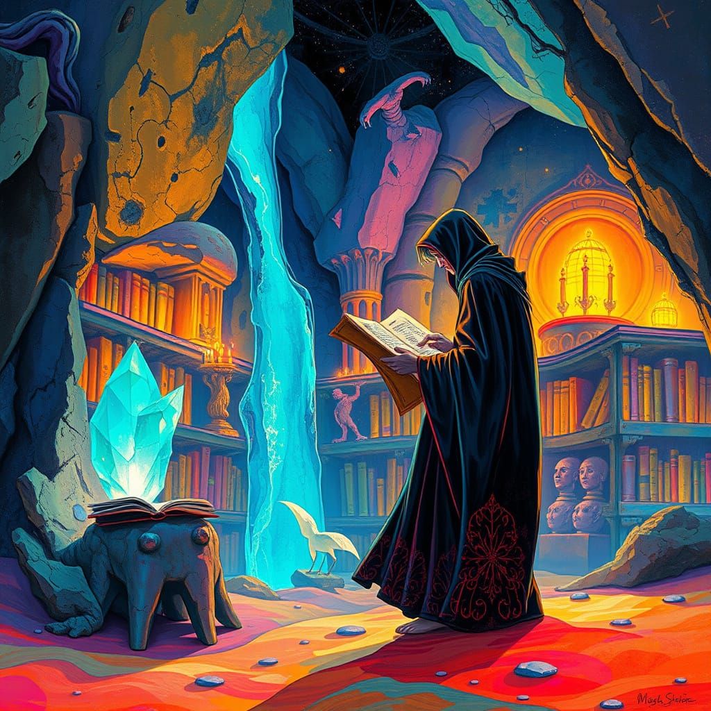 Ancient Scrolls in Crystal-Lit Cave Library