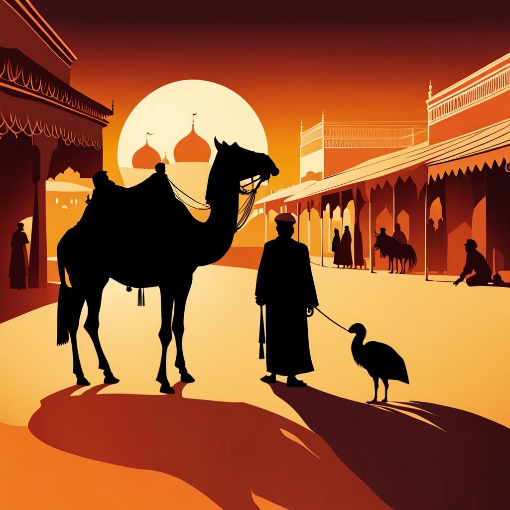 Silhouette of Merchant and Son in Arabian Market