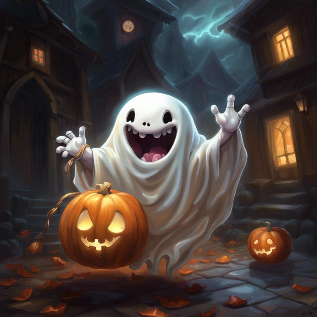 Laughing Chibi Ghost with Trick-or-Treat Bag
