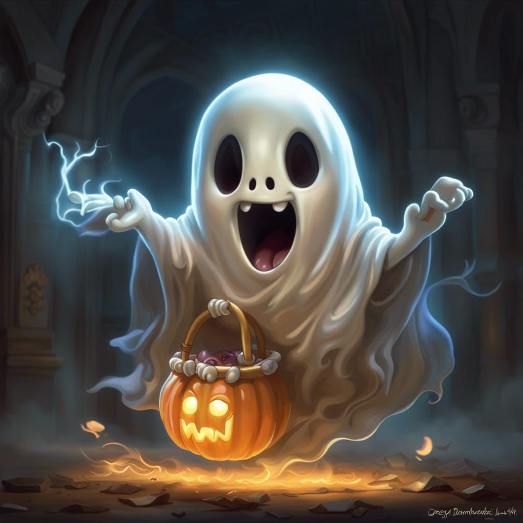 Cute Chibi Ghost with Trick-or-Treat Bag