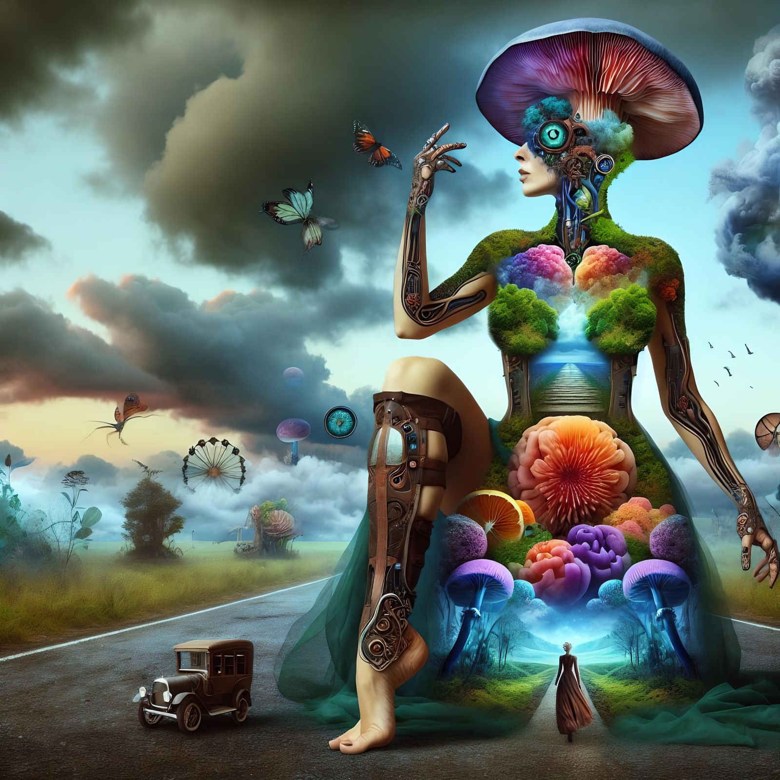 Steampunk Mushroom Woman on a Desolate Road