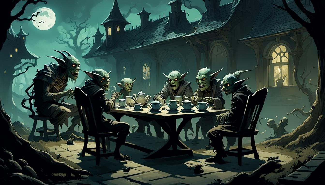 Monsters' Graveyard Tea Party in Dark Fantasy Style
