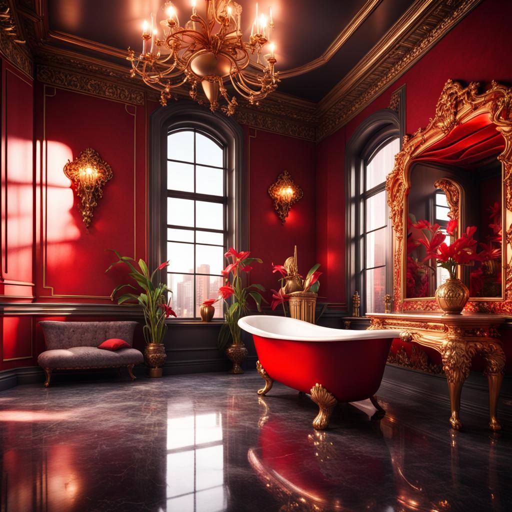 Futuristic Feminine Loft with Gold-Marble Tub in HDR