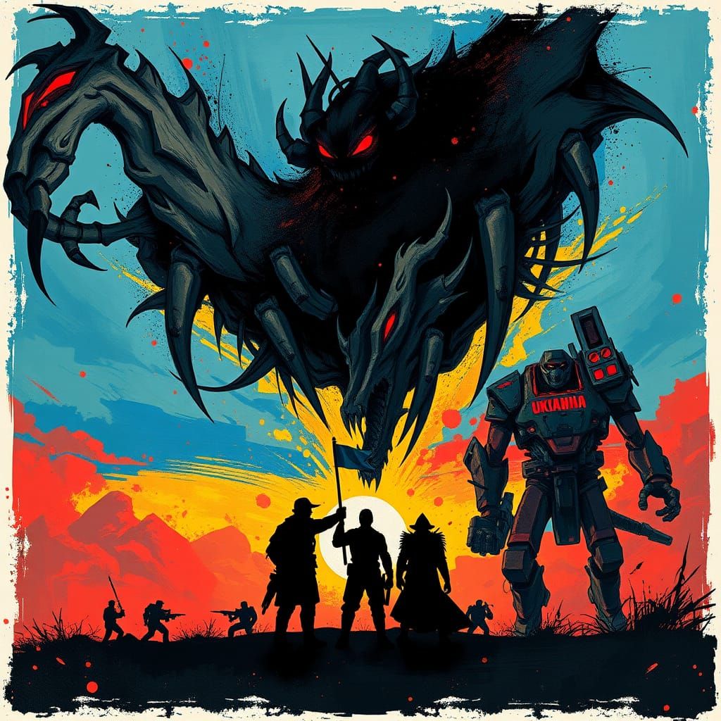 Stylized Dragons Confront Ukraine in a Triumvirate of Threat...