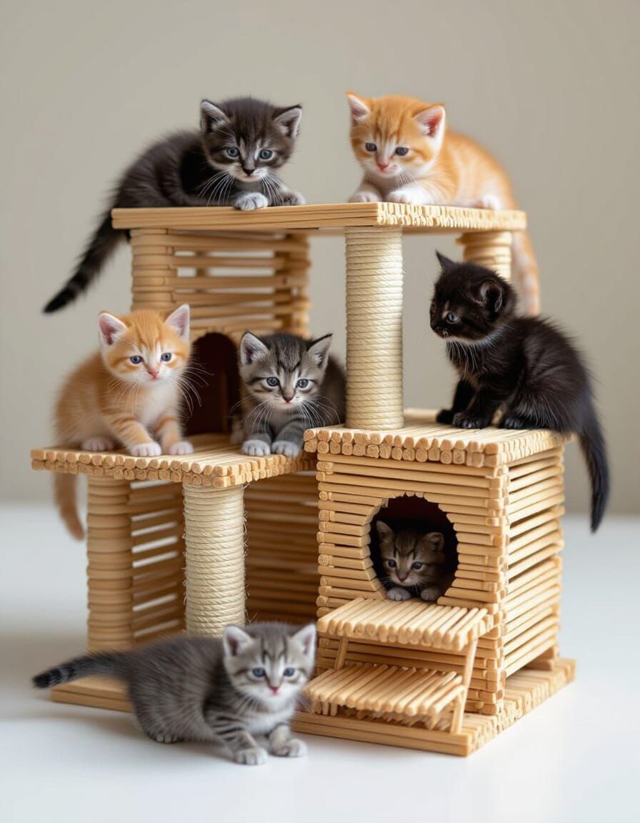 Tiny Cats Play on Toothpick Structure