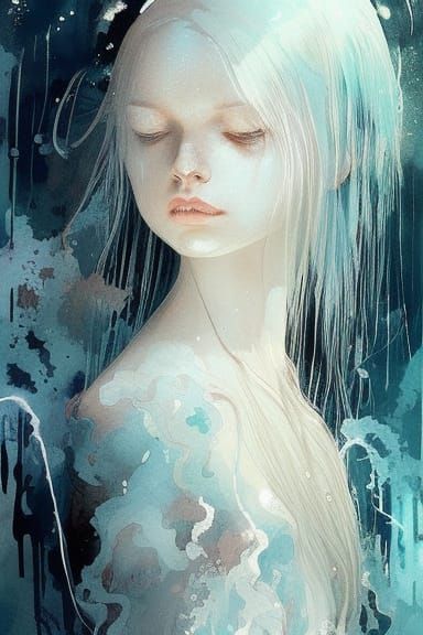 Ghostly Spirit Girl in Detailed Gouache Painting