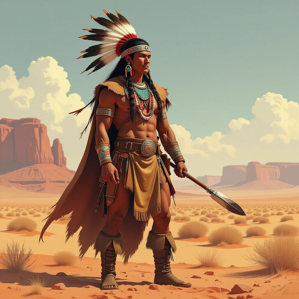 Proud Apache Warrior in Desert Landscape, Digital Art