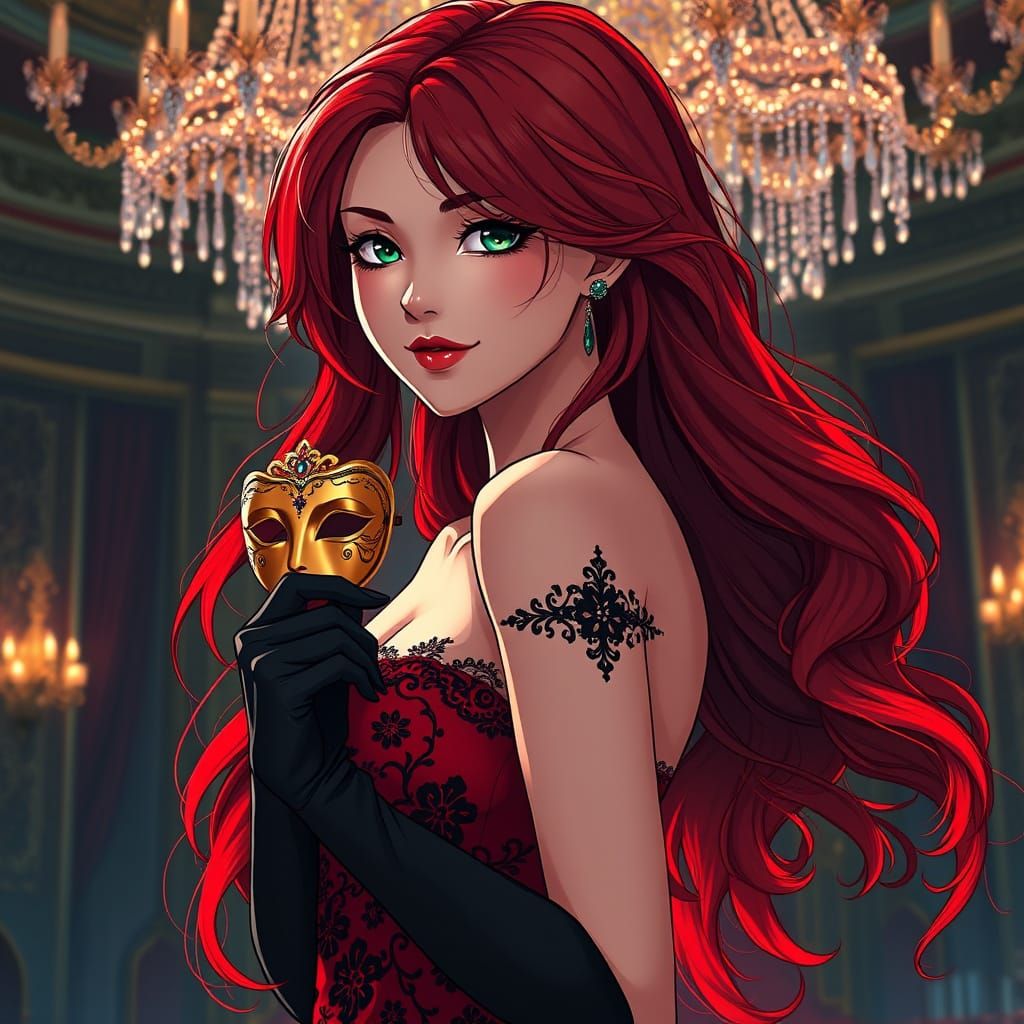 Anime-Inspired Woman in Scarlet Masquerade Attire