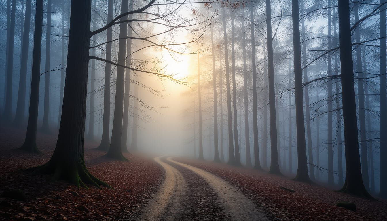 Ethereal Foggy Autumn Forest with Sun Rays