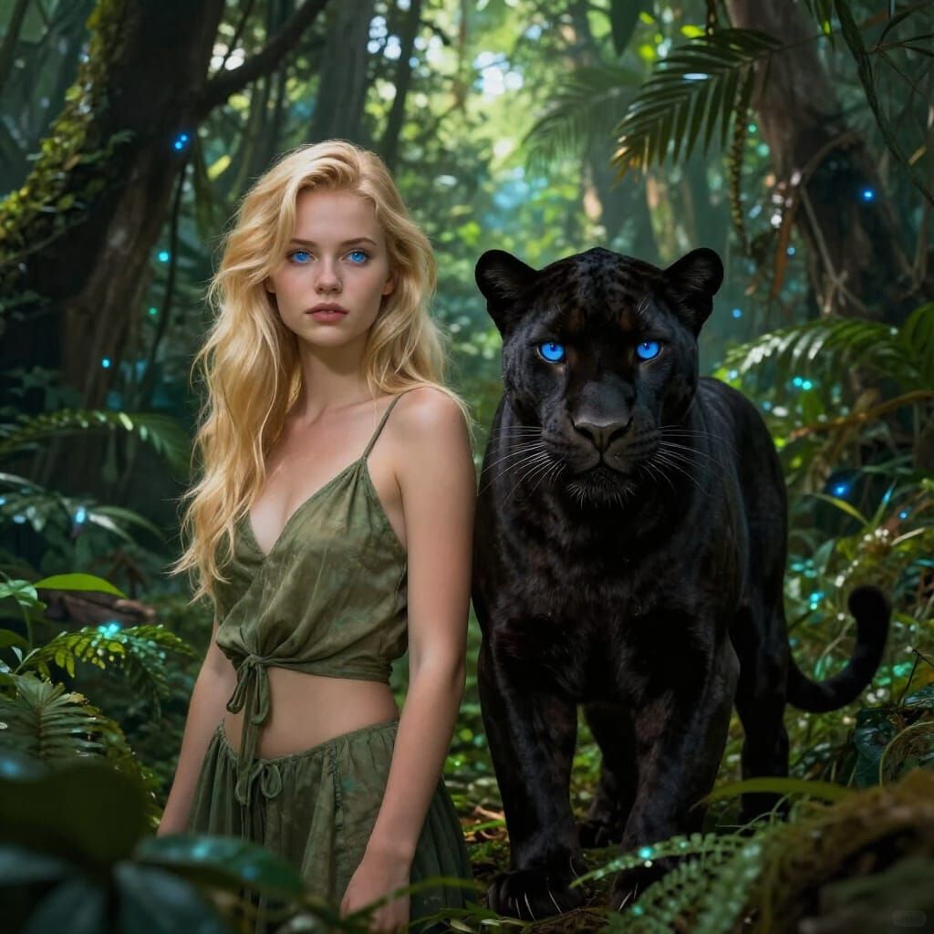 Black Panther & Blonde Girl in Lush Jungle