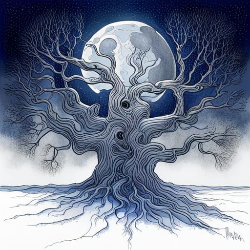 Ancient Tree with Full Moon in Art Nouveau Style