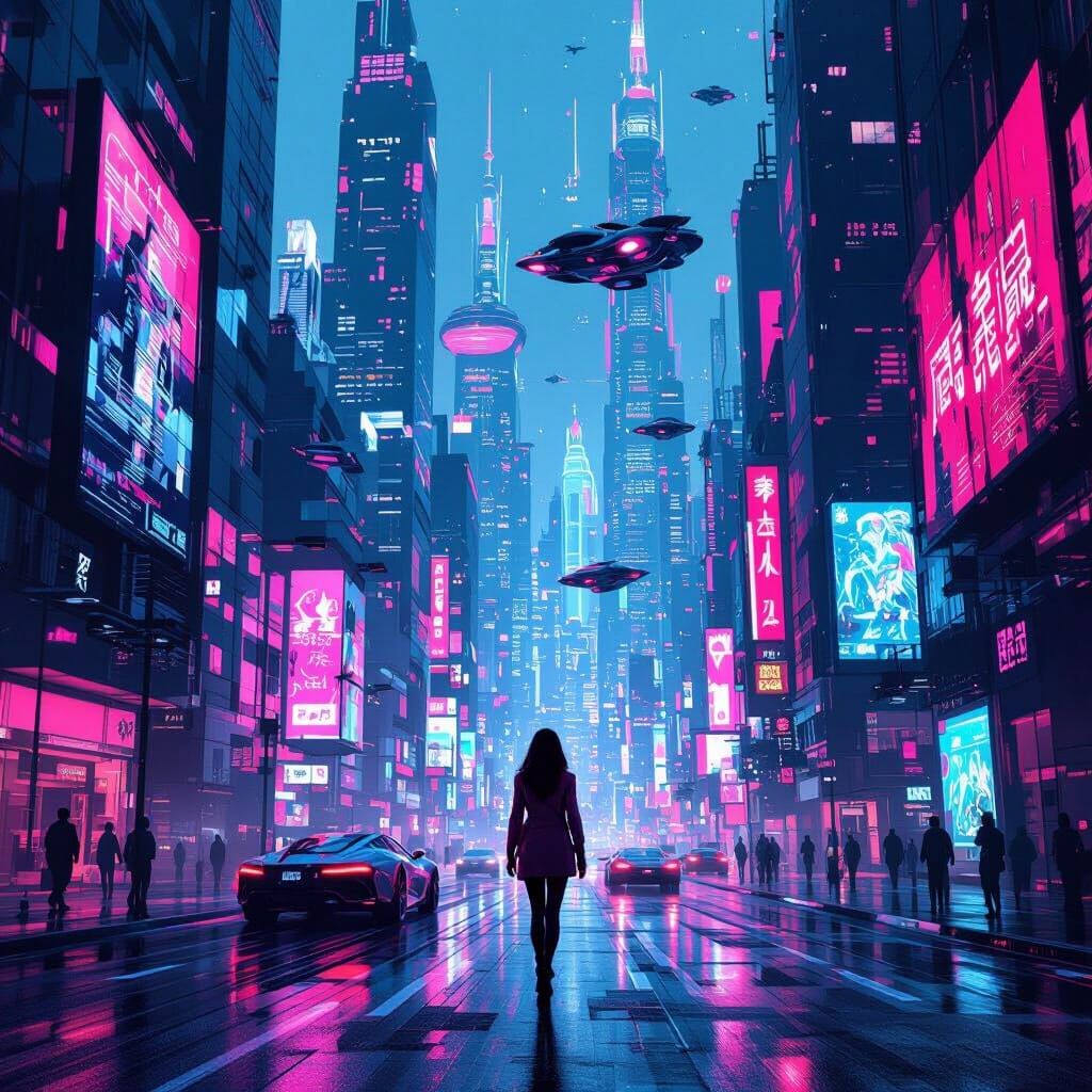 Neon Cyberpunk Cityscape with Flying Vehicles