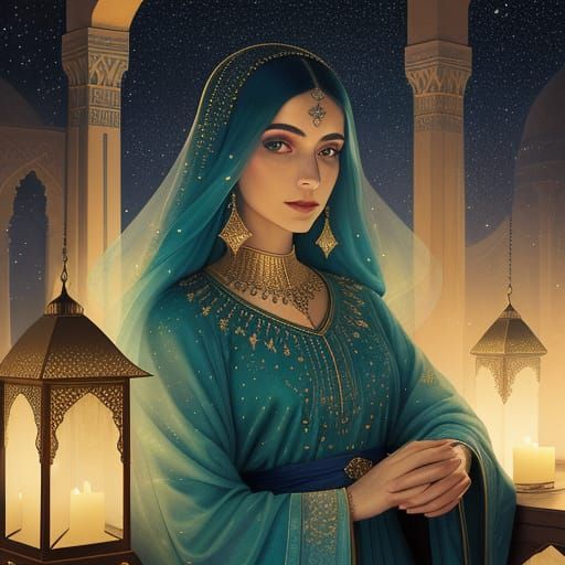 Regal Woman on Balcony in Digital Watercolor Style