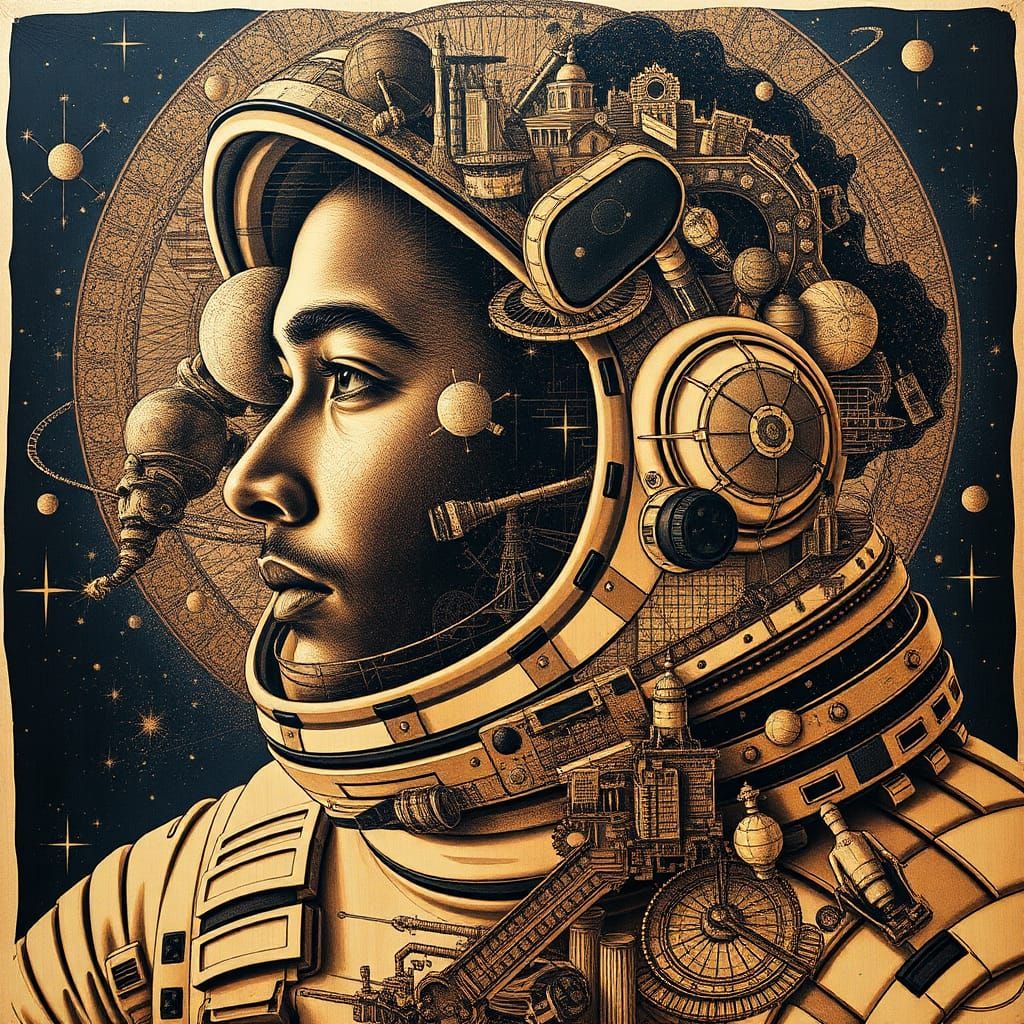 Dystopian Astronaut Portrait with Cosmic Labyrinth