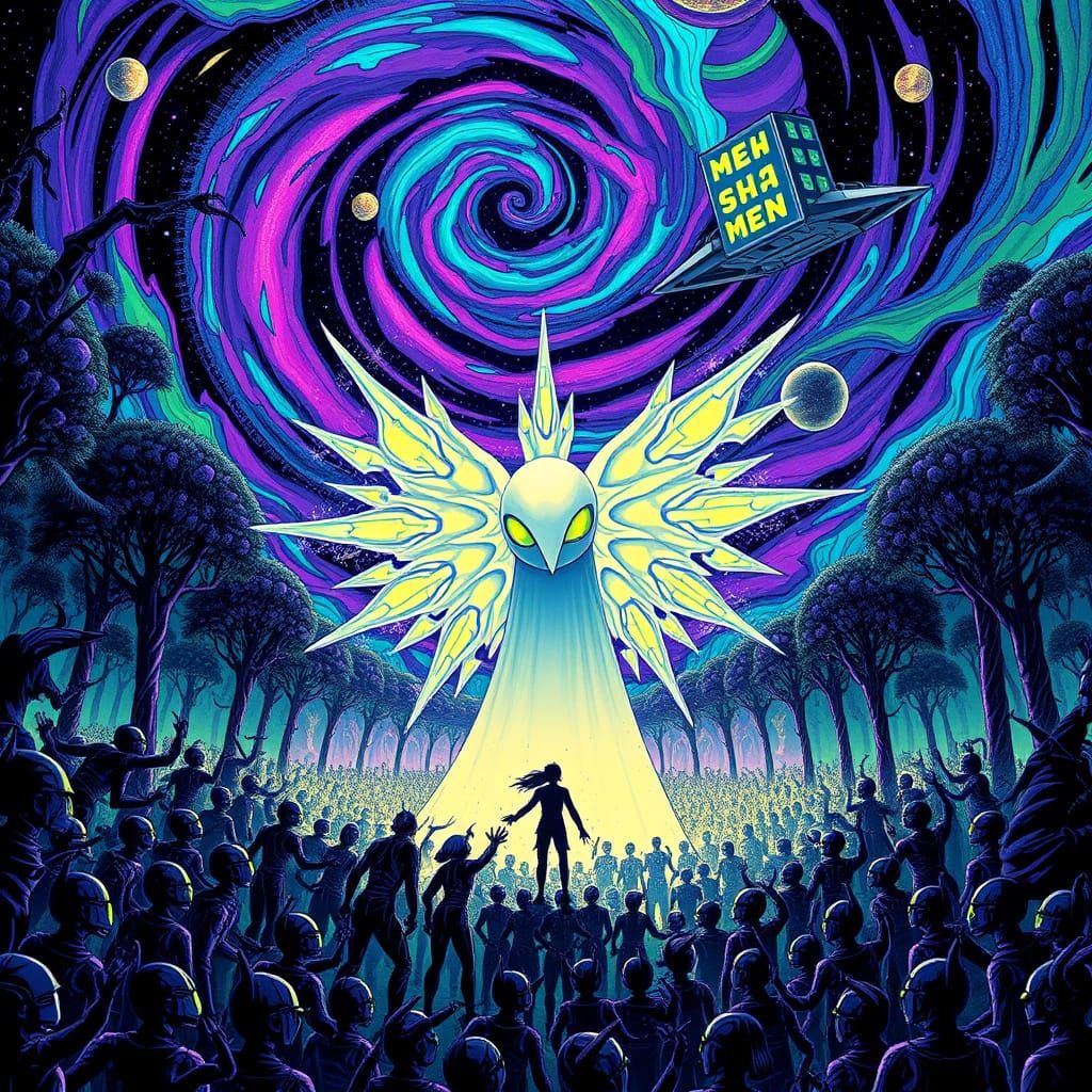 Psychedelic Shaymin Battles Robot Hordes in Neon Forest