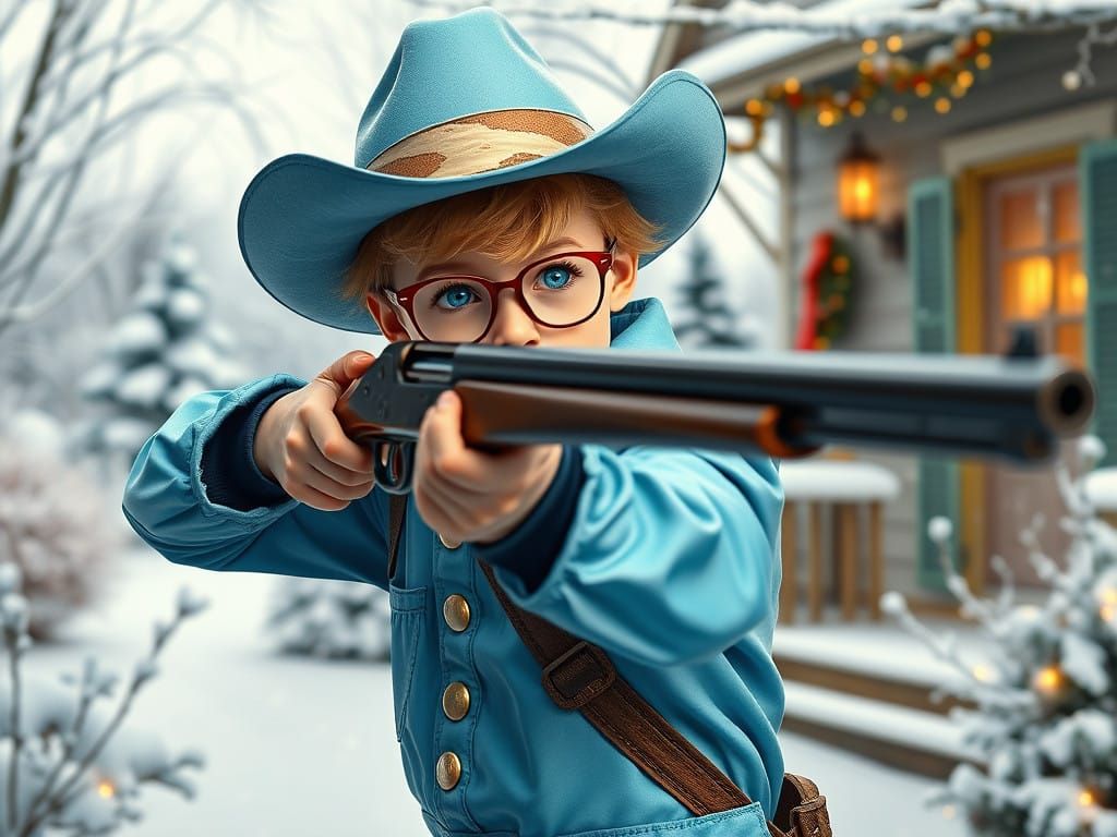 Charming Christmas Cowboy Boy with Vintage Rifle in Wintery...