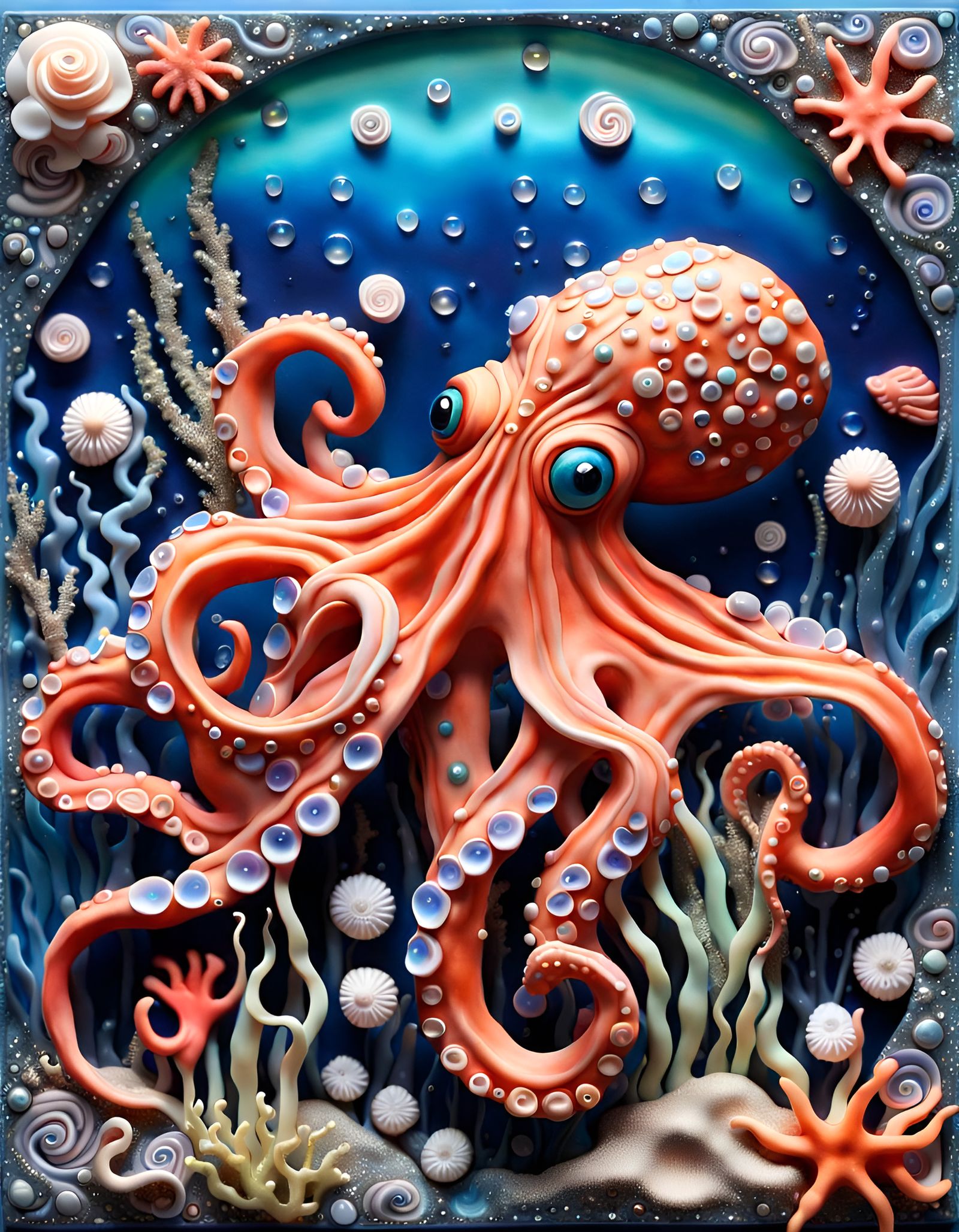 Intricate Octopus in Mixed Media Neo-Impressionism