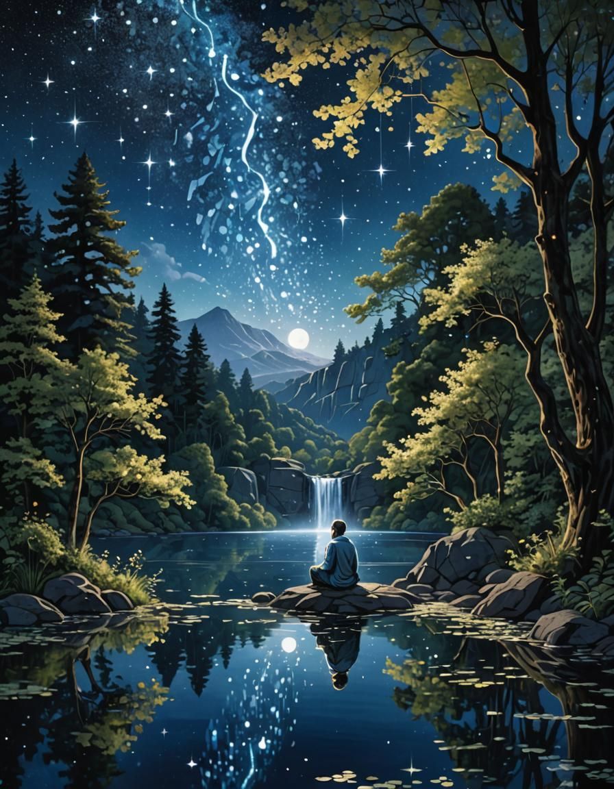 Contemplative Figure Under Celestial Waterfall: Fantasy Art