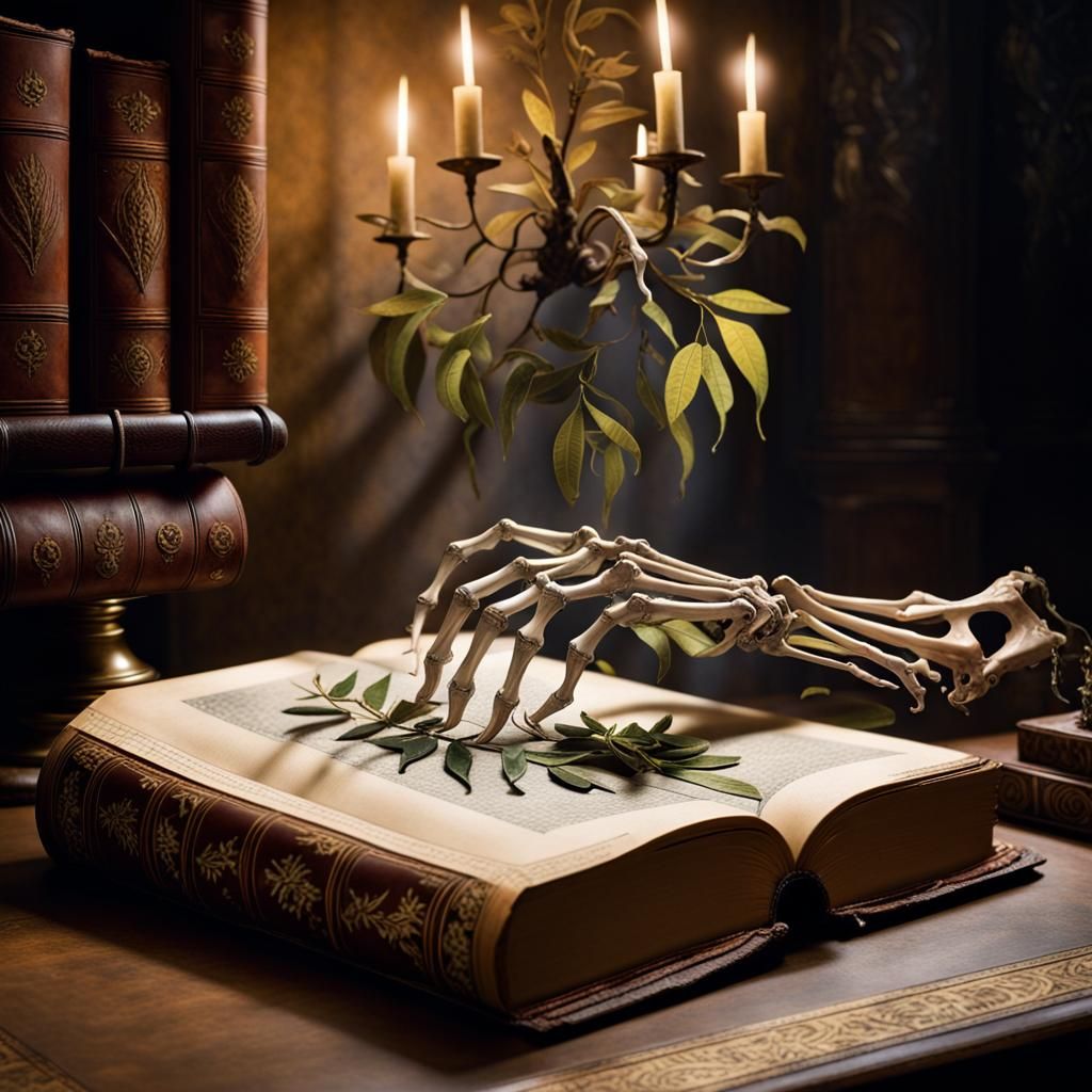 Skeletal Hand Emerges from Antique Book